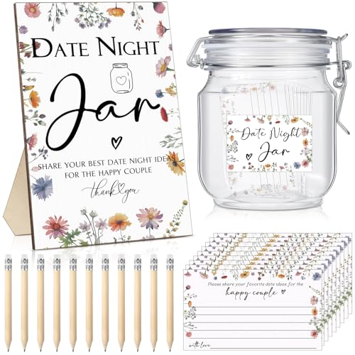 Geelin 114 Pcs Bridal Shower Games Include Date Night Jar Wooden Sign 100 Cards 10 HB Pencils 2 Stickers for Fresh off The Market Wedding Reception Games Date Idea Party Favor Decoration Wildflower - Image 1