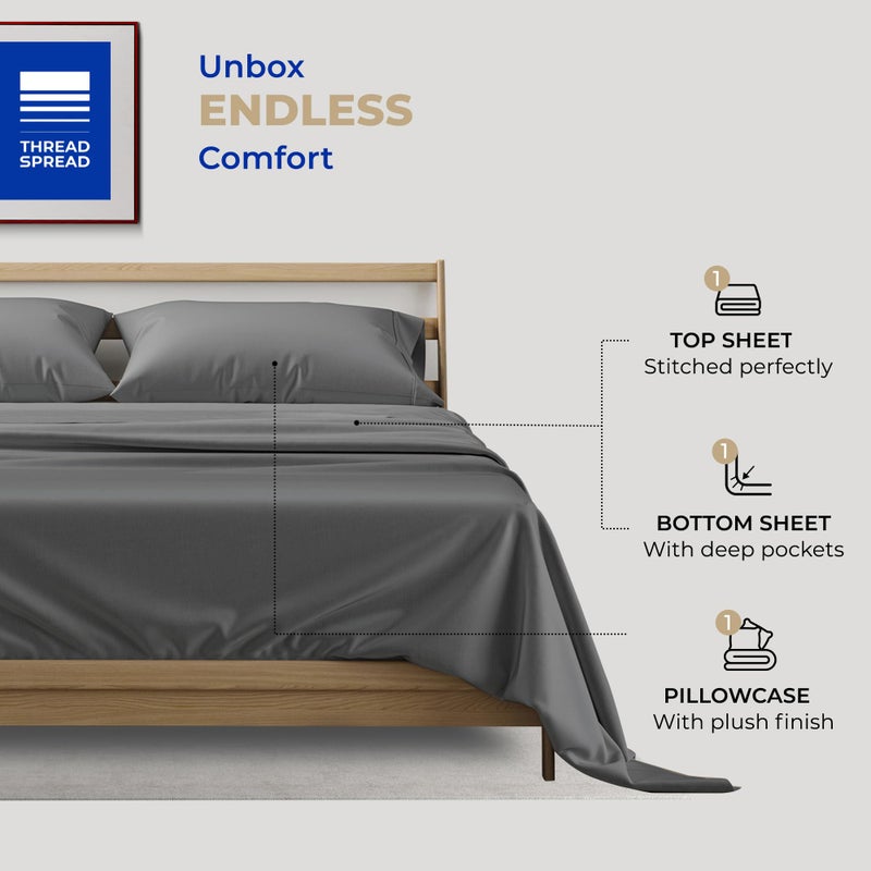 THREAD SPREAD 100% Cotton Sheets Twin Size - 400 Thread Count Cotton Bed Sheets Twin, 3 PC Set (Dark Grey), Luxury Soft, Breathable, Cooling, Sateen Weave 16" Deep Pocket Bedsheet for Dorm Rooms - Image 3
