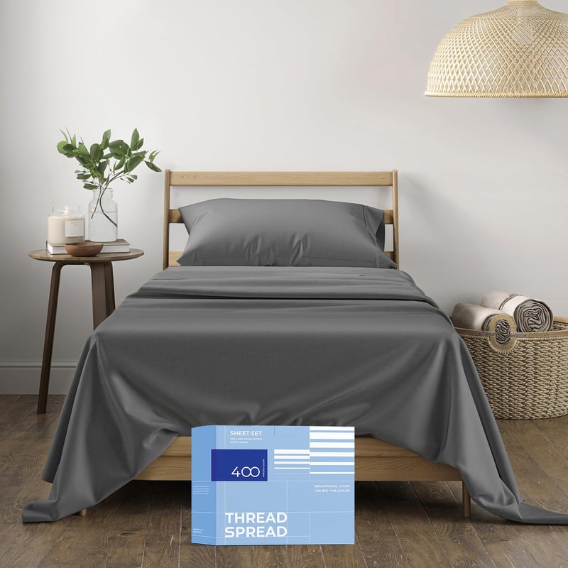 THREAD SPREAD 100% Cotton Sheets Twin Size - 400 Thread Count Cotton Bed Sheets Twin, 3 PC Set (Dark Grey), Luxury Soft, Breathable, Cooling, Sateen Weave 16" Deep Pocket Bedsheet for Dorm Rooms - Image 1