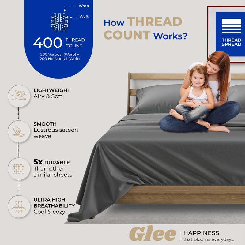 THREAD SPREAD 100% Cotton Sheets Twin Size - 400 Thread Count Cotton Bed Sheets Twin, 3 PC Set (Dark Grey), Luxury Soft, Breathable, Cooling, Sateen Weave 16" Deep Pocket Bedsheet for Dorm Rooms - Image 2