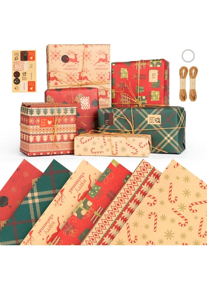 Christmas Gift Wrapping Paper Set, 6 Pcs 100×70cm Recyclable Xmas Kraft Birthday Wrapping Paper Sheets with Tags Stickers and Paper Rope - Image 1