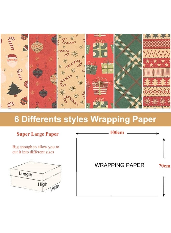 Christmas Gift Wrapping Paper Set, 6 Pcs 100×70cm Recyclable Xmas Kraft Birthday Wrapping Paper Sheets with Tags Stickers and Paper Rope - Image 2