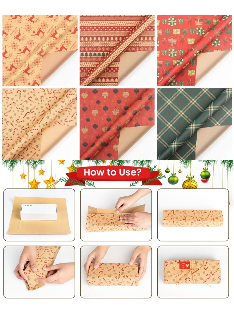 Christmas Gift Wrapping Paper Set, 6 Pcs 100×70cm Recyclable Xmas Kraft Birthday Wrapping Paper Sheets with Tags Stickers and Paper Rope - Image 3