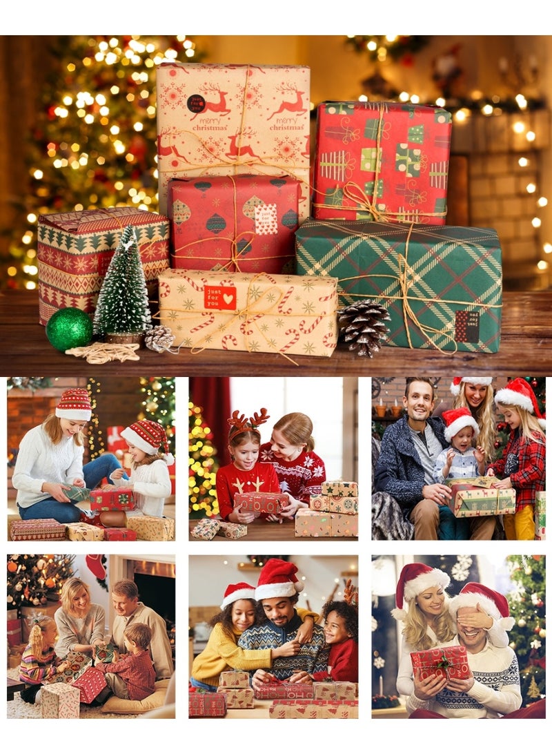 Christmas Gift Wrapping Paper Set, 6 Pcs 100×70cm Recyclable Xmas Kraft Birthday Wrapping Paper Sheets with Tags Stickers and Paper Rope - Image 5