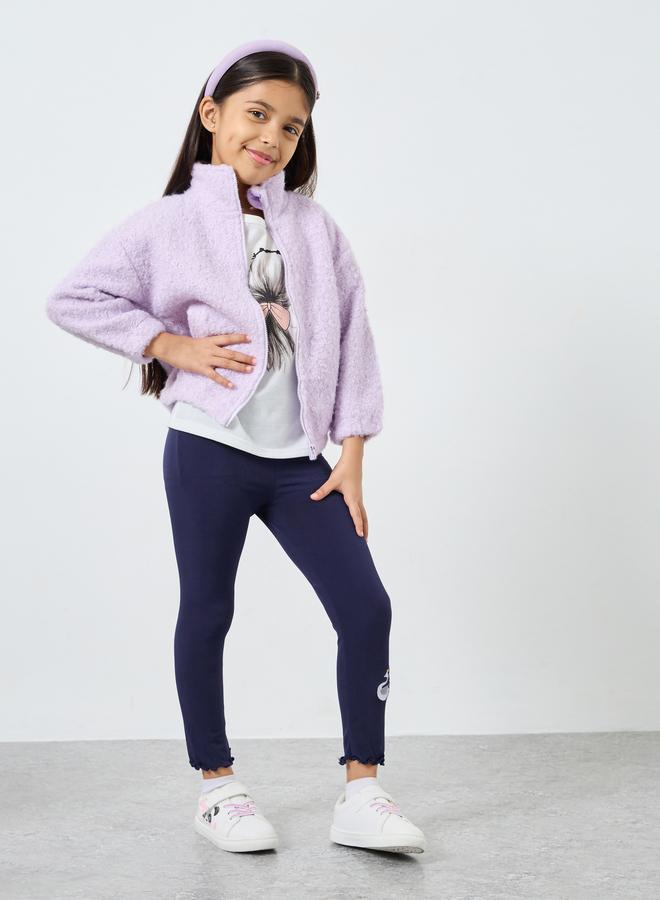 Styli Lilac Plain Faux Fur Zip Front Jacket - Image 2