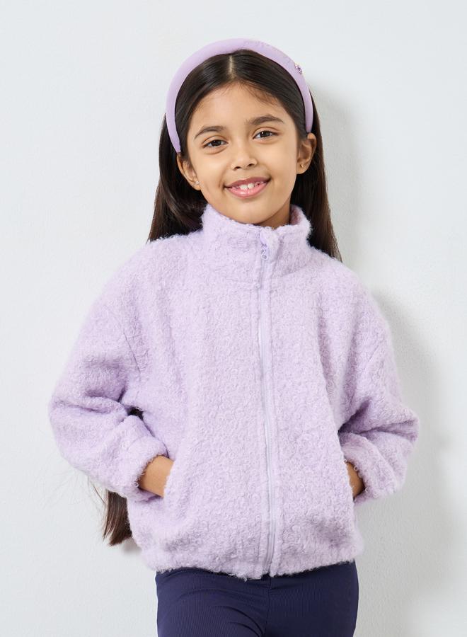 Styli Lilac Plain Faux Fur Zip Front Jacket - Image 1
