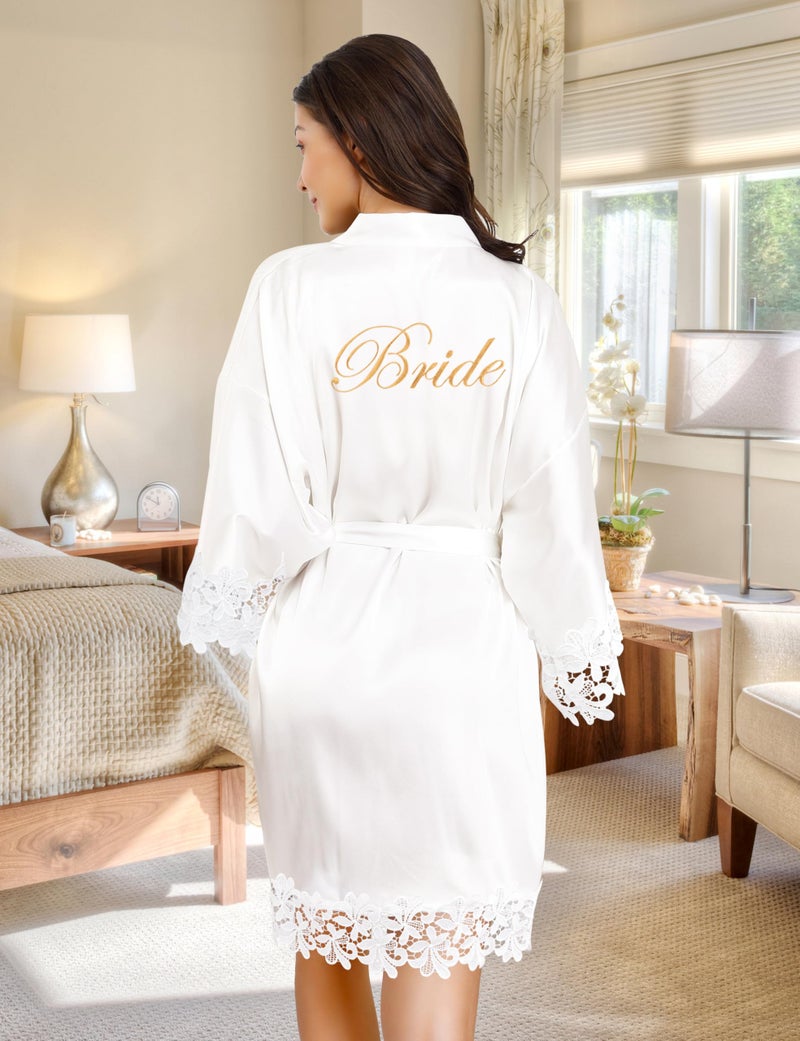 EPLAZA Bride Robe for Wedding Day Set Bridal Robe Lace Trim Silky Embroidery Satin Kimono for Bridal Party (White-Bride, Small-Medium) - Image 3