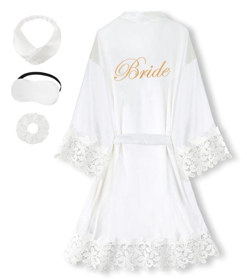 EPLAZA Bride Robe for Wedding Day Set Bridal Robe Lace Trim Silky Embroidery Satin Kimono for Bridal Party (White-Bride, Small-Medium) - Image 1