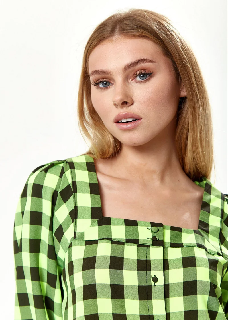Liquorish Neon Green Gingham Puff Sleeve Dress