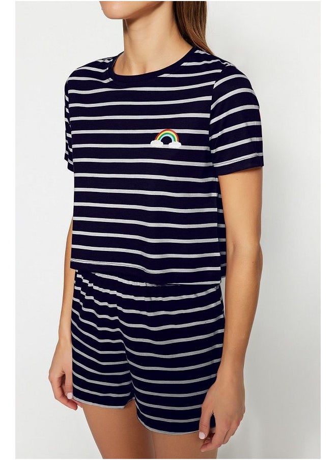 trendyol Navy Blue Rainbow Printed Knitted Pajama Set with Shorts  - Image 3