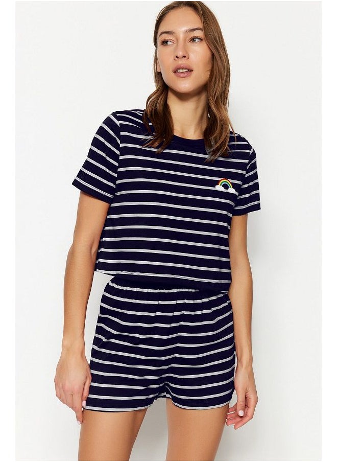 trendyol Navy Blue Rainbow Printed Knitted Pajama Set with Shorts  - Image 1