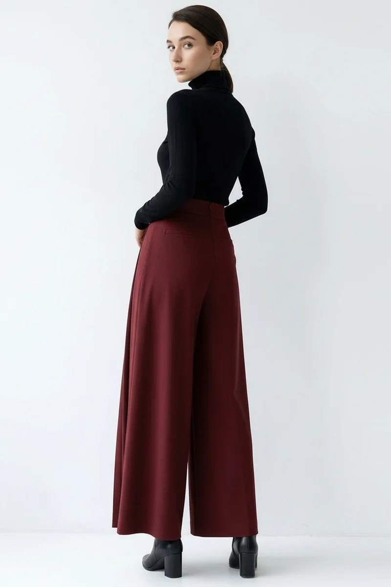 EXQUISE Pleated High-Waisted Wide-Leg Regular Pocket Trousers in Terracotta