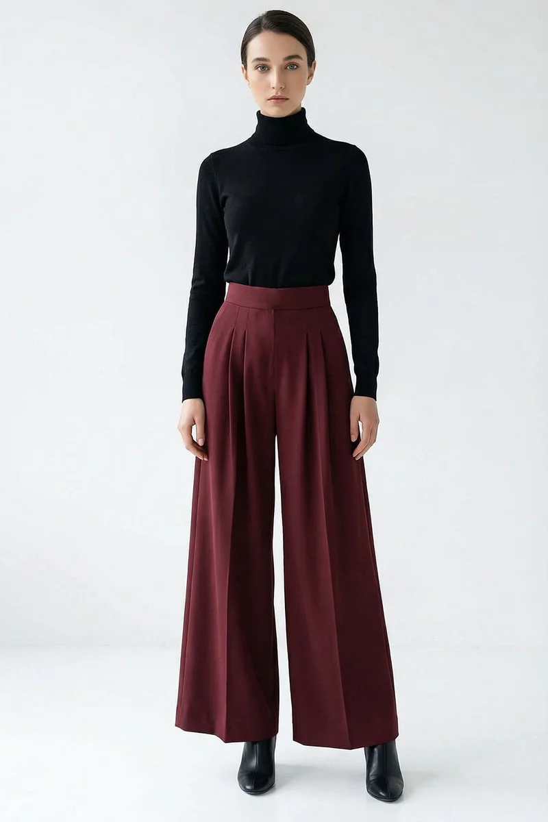 EXQUISE Pleated High-Waisted Wide-Leg Regular Pocket Trousers in Terracotta