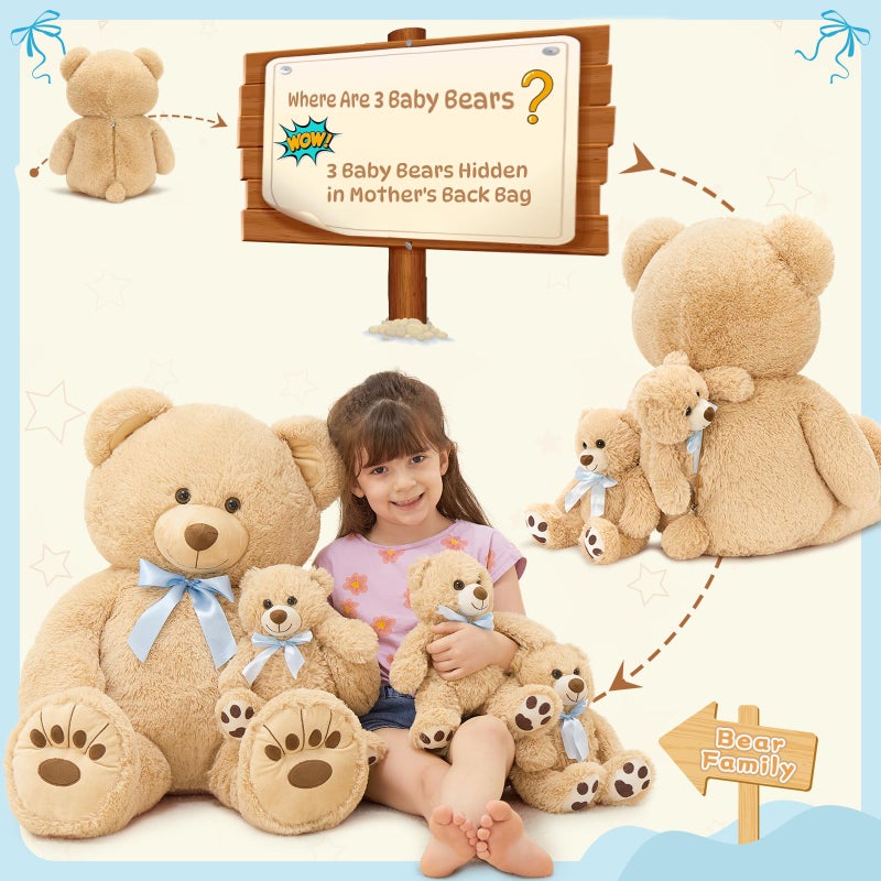 MorisMos Giant Teddy Bear Stuffed Animal with Baby Bears,35.4'' Big Mommy Stuffed Bear,3 Small Bulk Teddy Bear Stuffed Animals for Baby Shower Birthday, 4-Pack Brown Bear Toys for Kids Mom Girlfriends - Image 3