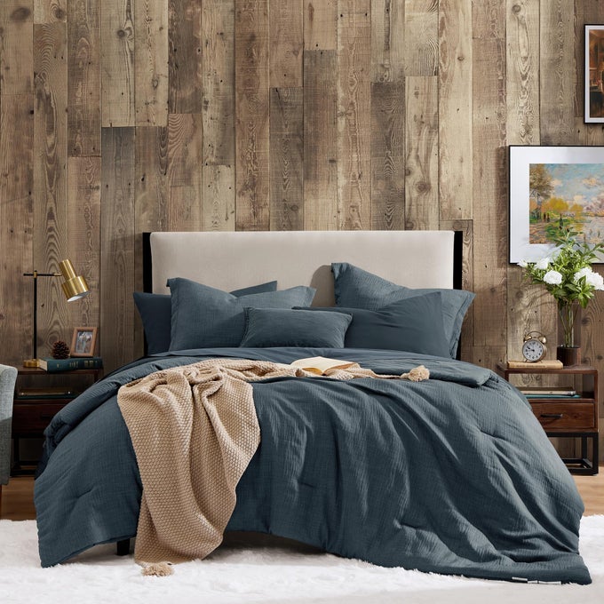 FULL COMFORTER SET 7 PIECES COMFORTER FULL SIZE SOLID BEDDING SETS FOR ALL SEASON TEXTURED BED IN A BAG WITH FLAT SHEET AND FITTED SHEET PILLOWCASES AND SHAMS NAVY BLUE 80X90