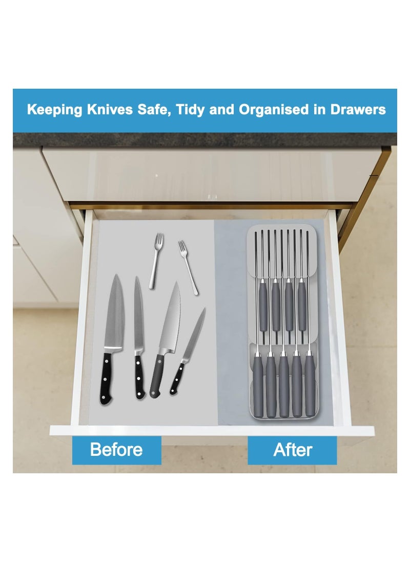 MARK STORE - Kitchen Drawer Knife Organizer, Plastic Countertop Knife Block, Universal Knife Holder for Drawers, Plastic Drawer Organizer Tray for Knives. Grey, White and  Green - Image 1