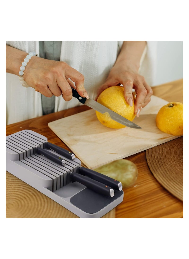 MARK STORE - Kitchen Drawer Knife Organizer, Plastic Countertop Knife Block, Universal Knife Holder for Drawers, Plastic Drawer Organizer Tray for Knives. Grey, White and  Green - Image 1
