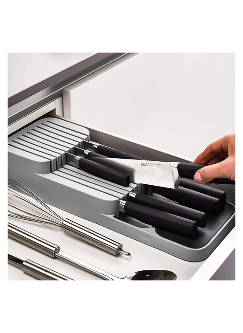 MARK STORE - Kitchen Drawer Knife Organizer, Plastic Countertop Knife Block, Universal Knife Holder for Drawers, Plastic Drawer Organizer Tray for Knives. Grey, White and  Green - Image 1