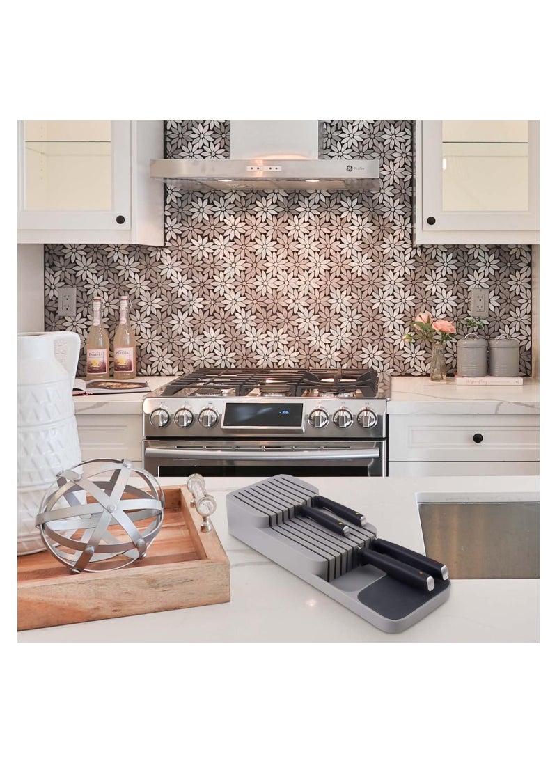 MARK STORE - Kitchen Drawer Knife Organizer, Plastic Countertop Knife Block, Universal Knife Holder for Drawers, Plastic Drawer Organizer Tray for Knives. Grey, White and  Green - Image 1