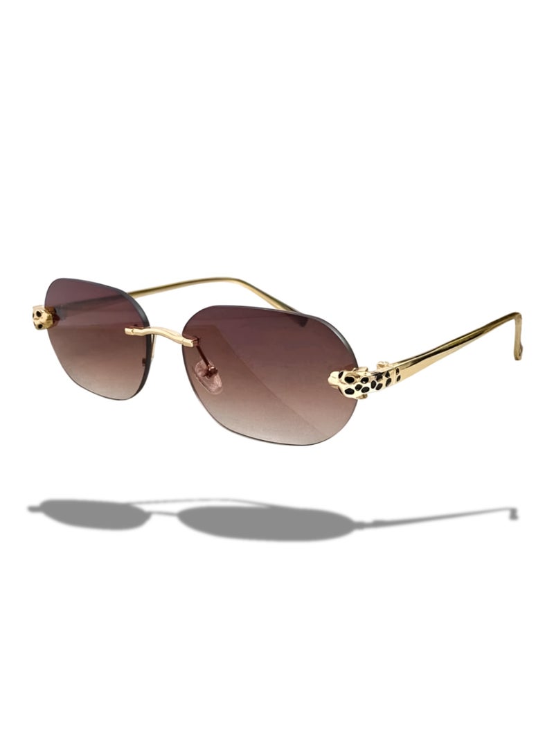 إم إي سي نظارات شمسية عصرية مستطيلة الشكل بدون إطار، بلون بني-شاي ذهبي، بحواف معدنية - تصميم الفهد - Image 1