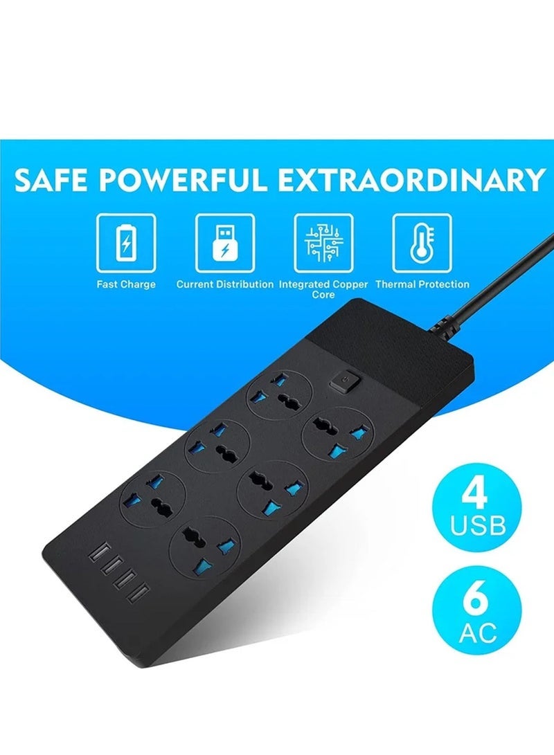 Captaintech Strips Extension Cord 6 Sockets Universal Plug Adapter with 4 USB Ports Surge Protector Charging Socket with 2M Bold Extension Cord - Image 2