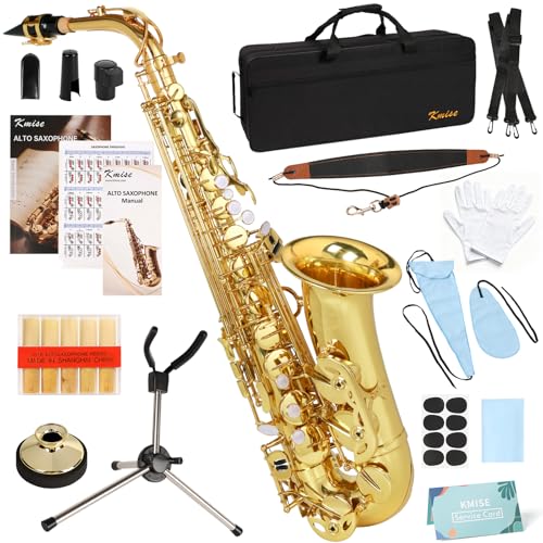 Kmise E Flat Alto Saxophone, Lightweight Saxophones for Students Beginner, Saxofon Full Kit with Portable Case, Sax Stand, Strap, Reeds, Beginner's Guides, Mute, Cleaning Kit (Gold Lacquer) - Image 1