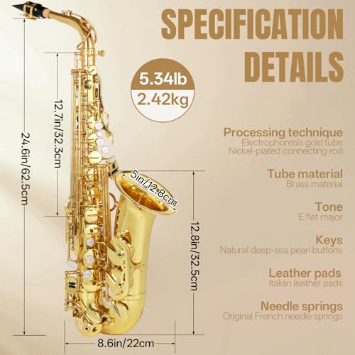 Kmise E Flat Alto Saxophone, Lightweight Saxophones for Students Beginner, Saxofon Full Kit with Portable Case, Sax Stand, Strap, Reeds, Beginner's Guides, Mute, Cleaning Kit (Gold Lacquer) - Image 2
