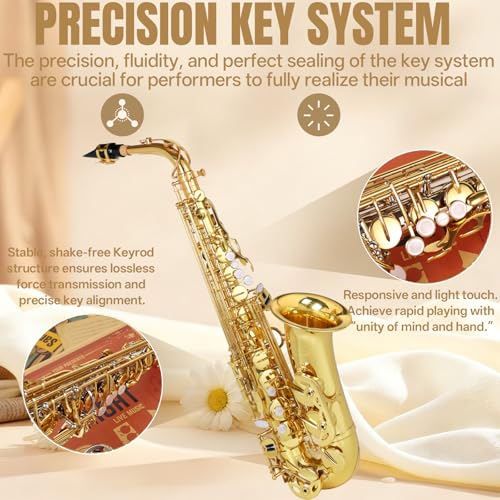Kmise E Flat Alto Saxophone, Lightweight Saxophones for Students Beginner, Saxofon Full Kit with Portable Case, Sax Stand, Strap, Reeds, Beginner's Guides, Mute, Cleaning Kit (Gold Lacquer) - Image 5