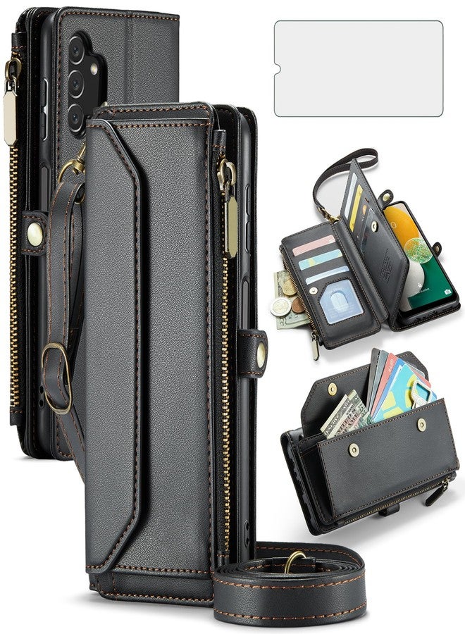 أسو ويش جراب هاتف Asuwish لهاتف سامسونج جالاكسي A13 4G/5G، غطاء محفظة بسحاب مع واقي شاشة من الزجاج المقوى وغطاء جلدي قابل للطي، حامل بطاقات مانع لتقنية RFID، متوافق مع هواتف A04s وM13 وG5 وA 13 LTE و13A (إصدار 2022)، لون أسود، للنساء والفتيات - Image 1