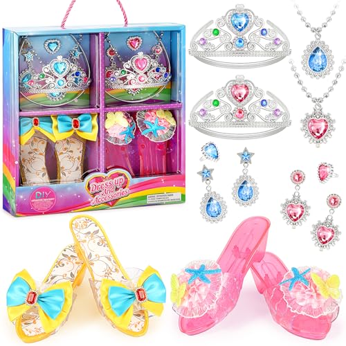 LIMIROLER Princess Dress Up Shoes Set Girls Role Play Shoes Toddler Pretend Jewelry Toys Set Gift Set 2 Pairs of Shoes Kit Collection of Tiara Crown Earrings Necklace Rings for Girls Aged 36 Years Old - Image 1