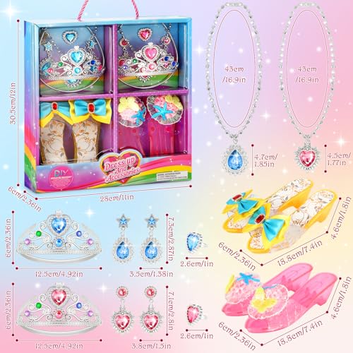 LIMIROLER Princess Dress Up Shoes Set Girls Role Play Shoes Toddler Pretend Jewelry Toys Set Gift Set 2 Pairs of Shoes Kit Collection of Tiara Crown Earrings Necklace Rings for Girls Aged 36 Years Old - Image 5