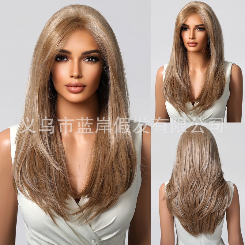 EMMOR Cross-Border 13*6 Lace Blue Shore Full Head Wig, Brown Medium-Length Straight Hair with Matte High-Temperature Fiber - Image 1