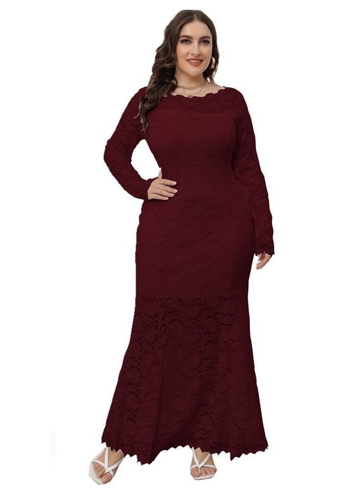 Loquat Plus-size Women's New Hollowed-out Lace Fishtail Dress Red  - Image 1