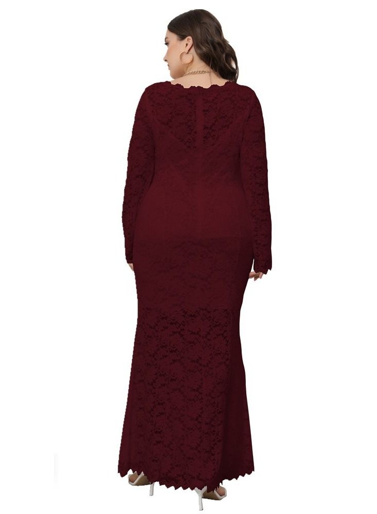 Loquat Plus-size Women's New Hollowed-out Lace Fishtail Dress Red  - Image 3