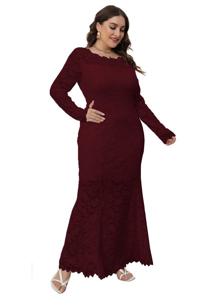Loquat Plus-size Women's New Hollowed-out Lace Fishtail Dress Red  - Image 2