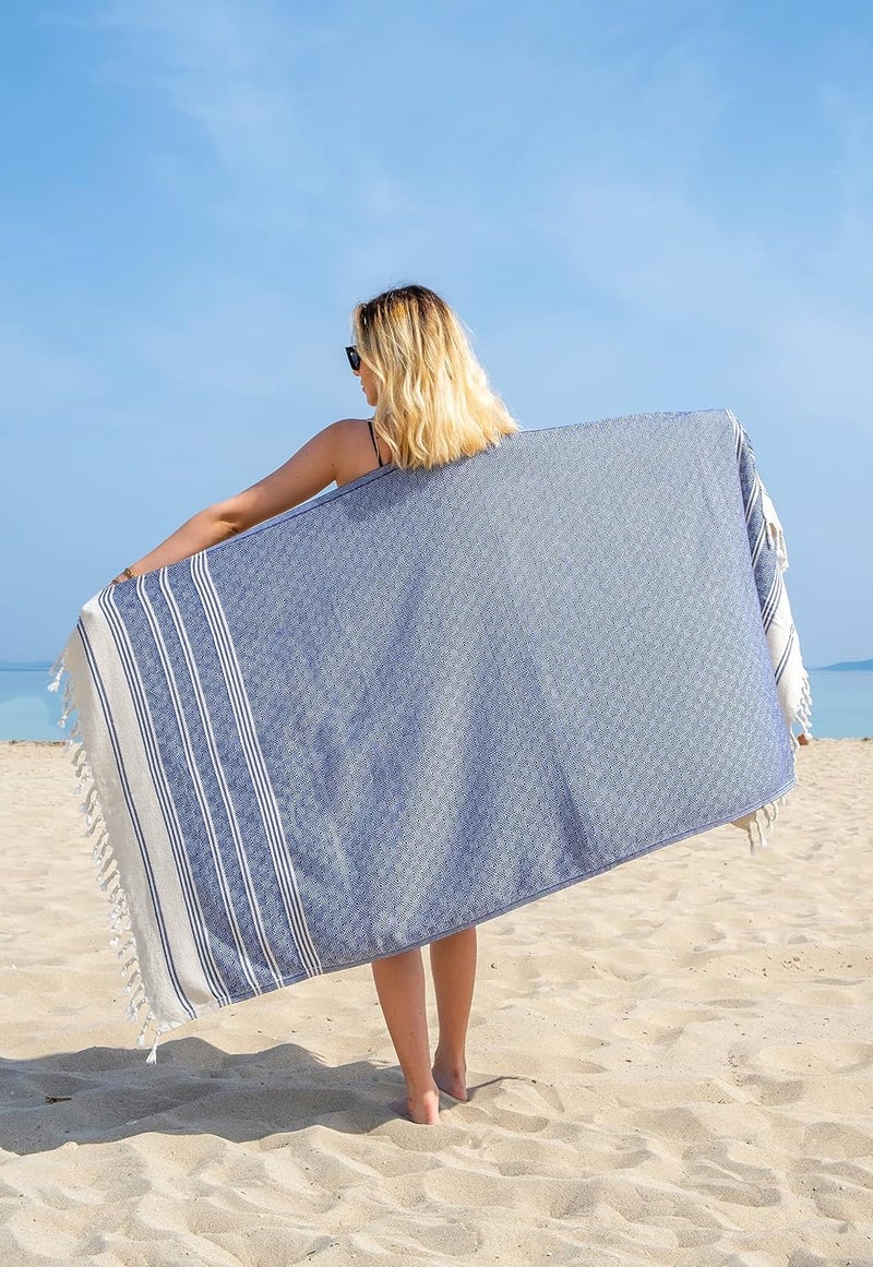 DEMMEX Certified 100% Organic Turkish Cotton Beach, Bath, Hammam Peshtemal Towel, Beach Blanket - Oversized, Quick Dry, Sand Free - Light Compact Travel Towel for Adults, XL 180x90cm, Navy Blue - Image 3