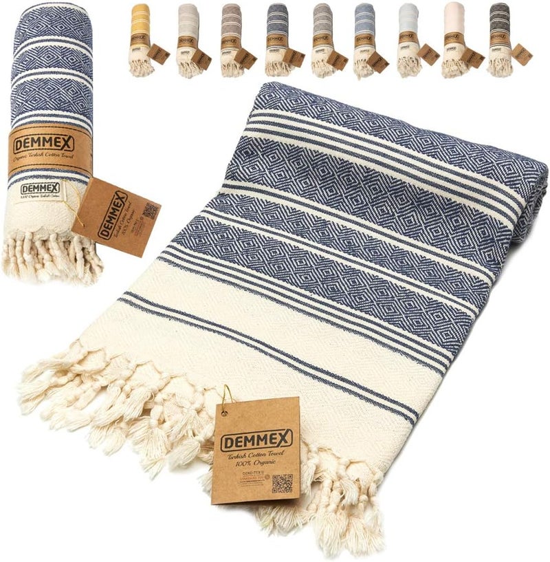 DEMMEX Certified 100% Organic Turkish Cotton Beach, Bath, Hammam Peshtemal Towel, Beach Blanket - Oversized, Quick Dry, Sand Free - Light Compact Travel Towel for Adults, XL 180x90cm, Navy Blue - Image 1