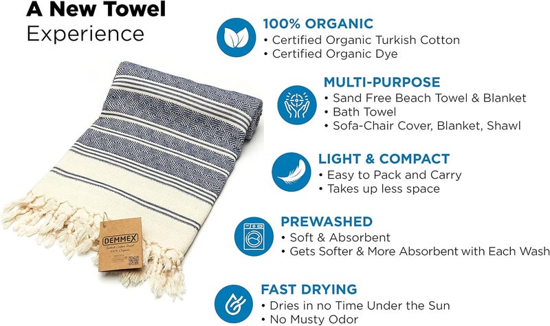 DEMMEX Certified 100% Organic Turkish Cotton Beach, Bath, Hammam Peshtemal Towel, Beach Blanket - Oversized, Quick Dry, Sand Free - Light Compact Travel Towel for Adults, XL 180x90cm, Navy Blue - Image 2