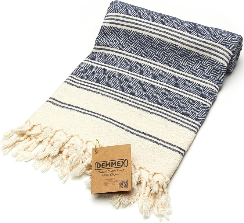 DEMMEX Certified 100% Organic Turkish Cotton Beach, Bath, Hammam Peshtemal Towel, Beach Blanket - Oversized, Quick Dry, Sand Free - Light Compact Travel Towel for Adults, XL 180x90cm, Navy Blue - Image 4
