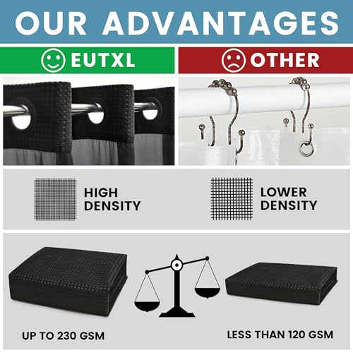 EUTXL Black Shower Curtain with Liner - 230GSM Waffle Textured Heavy Duty Shower Curtains for Bathroom,71W x 74H - Image 2