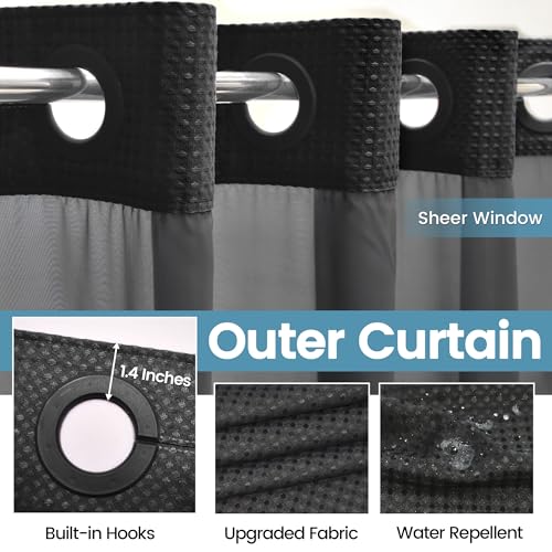 EUTXL Black Shower Curtain with Liner - 230GSM Waffle Textured Heavy Duty Shower Curtains for Bathroom,71W x 74H - Image 5