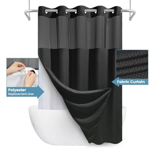 EUTXL Black Shower Curtain with Liner - 230GSM Waffle Textured Heavy Duty Shower Curtains for Bathroom,71W x 74H - Image 4