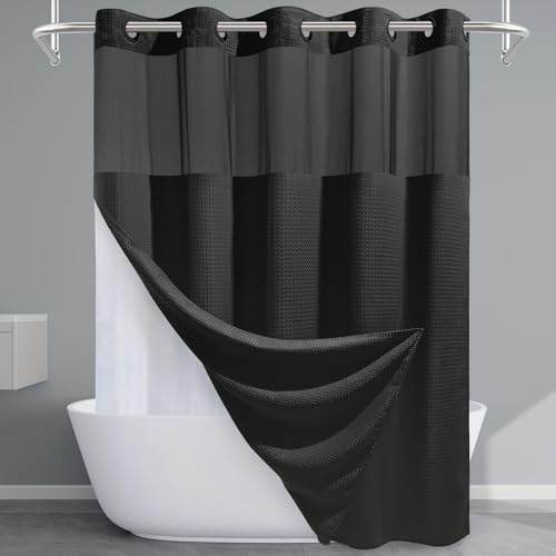 EUTXL Black Shower Curtain with Liner - 230GSM Waffle Textured Heavy Duty Shower Curtains for Bathroom,71W x 74H - Image 1