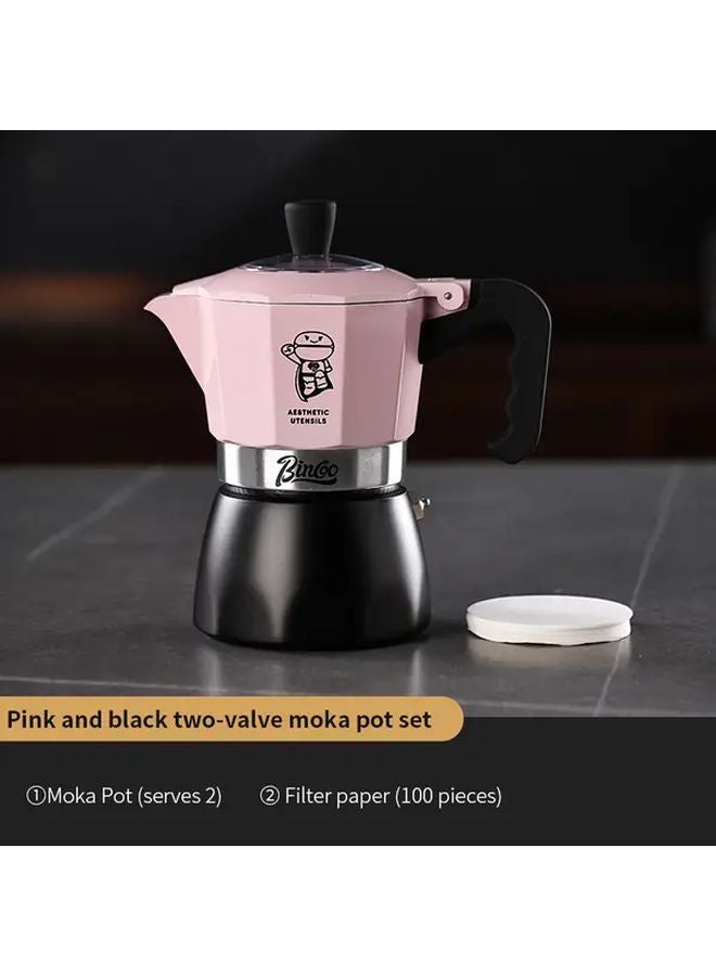 مجموعة وعاء الموكا الوردي والأسود بصمام مزدوج لـ 2 فنجان مع 100 فلتر - Image 1