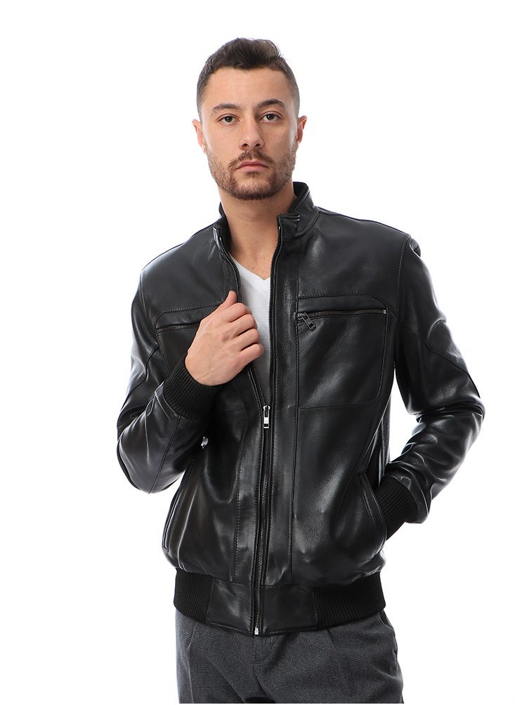 Generic Top leather (T55) Men's Stand Collar
 Lined Bomber genuine Leather Jacket  - Image 1