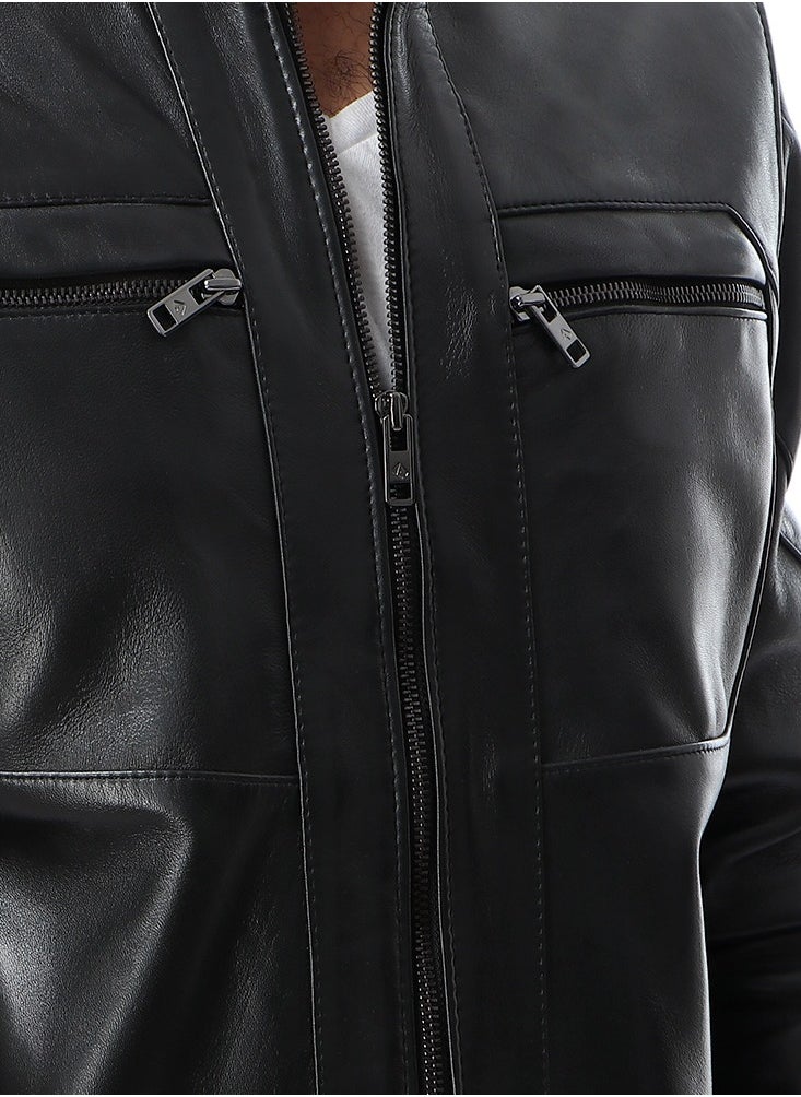 Generic Top leather (T55) Men's Stand Collar
 Lined Bomber genuine Leather Jacket  - Image 4