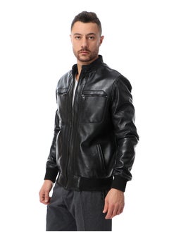 Generic Top leather (T55) Men's Stand Collar
 Lined Bomber genuine Leather Jacket  - Image 2