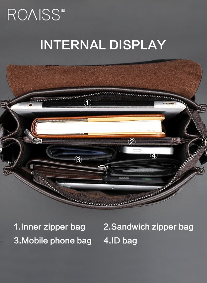 roaiss Business PU Leather Shoulder Bag for Men 7 Pockets Clamshell Adjustable Strap Waterproof Large Capacity Crossbody Bag Mens Classic Commuting Premium Textures Backpack  - Image 2