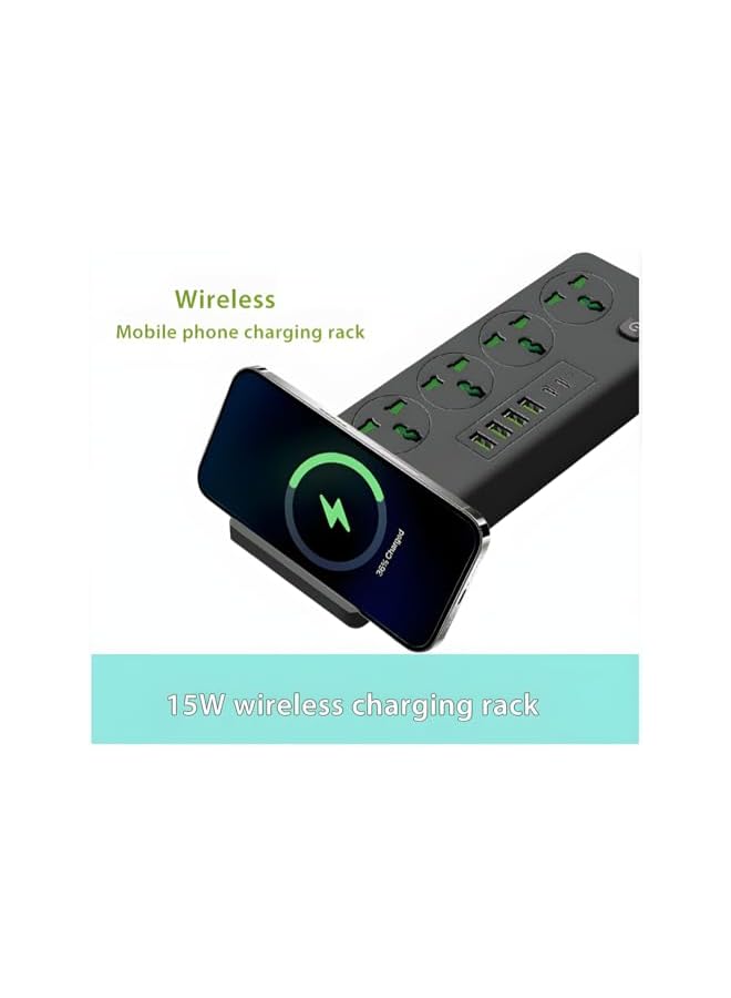 promass Universal Power Strip with 15W wireless charger, Type-C Charging Port, Extension cable with 4 sockets and 6 ports,3000W Extension Cord - Image 4