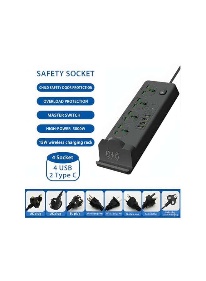promass Universal Power Strip with 15W wireless charger, Type-C Charging Port, Extension cable with 4 sockets and 6 ports,3000W Extension Cord - Image 2